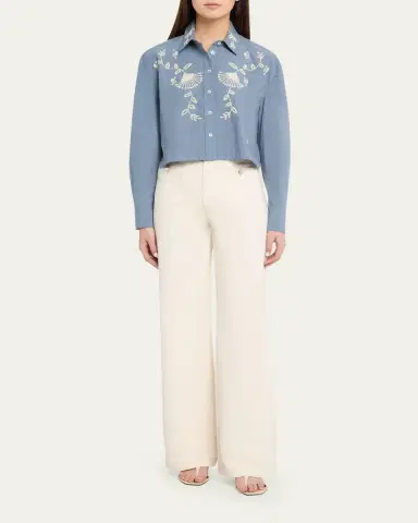 Veronica Beard Aderes Embroidered Cropped Cotton Shirt | Thumbnail 2 Veronica Beard Aderes Embroidered Cropped Cotton Shirt | Thumbnail 2