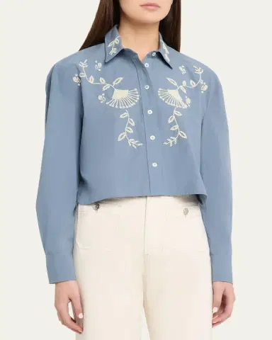 Veronica Beard Aderes Embroidered Cropped Cotton Shirt | Thumbnail 4 Veronica Beard Aderes Embroidered Cropped Cotton Shirt | Thumbnail 4