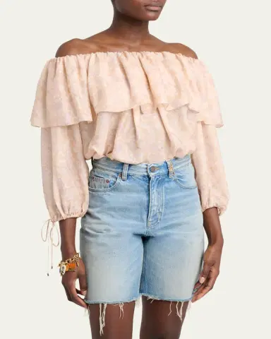 Chloé Flower Print Off-The-Shoulder Silk Top | Thumbnail 4