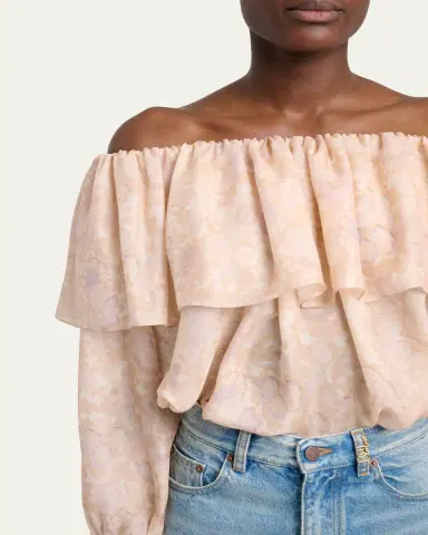 Chloé Flower Print Off-The-Shoulder Silk Top | Thumbnail 5