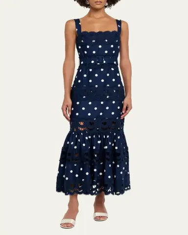 Self-Portrait Polka Dot Linen Midi Dress | Thumbnail 2 Self-Portrait Polka Dot Linen Midi Dress | Thumbnail 2
