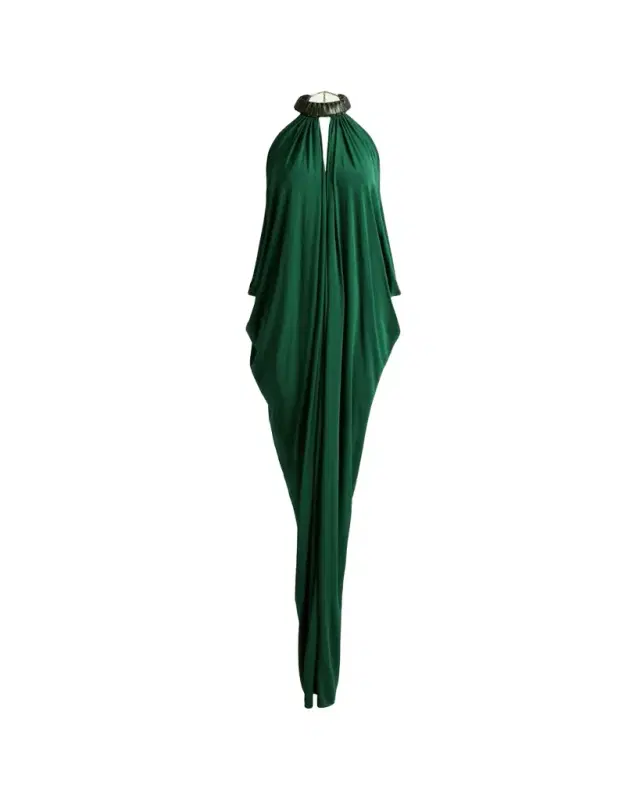 Silvia Tcherassi Niagara Draped Leather-Trim Halter Maxi Dress
