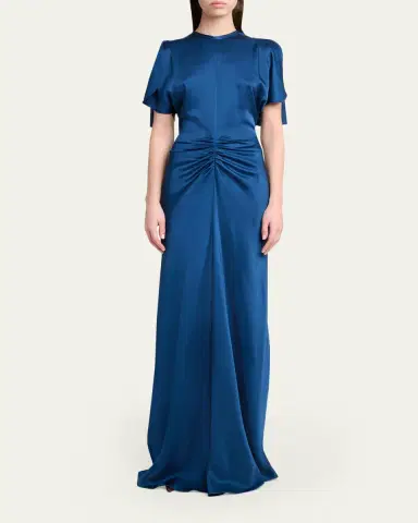 Victoria Beckham Gathered Waist Flutter-Sleeve Satin Gown | Thumbnail 2