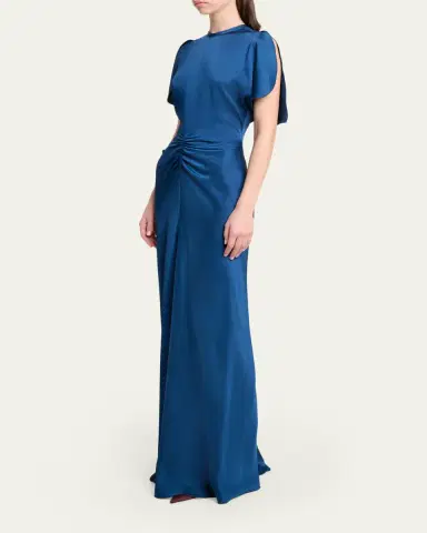 Victoria Beckham Gathered Waist Flutter-Sleeve Satin Gown | Thumbnail 4