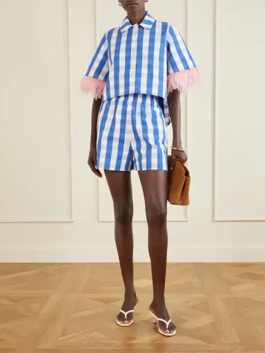 Marta Ferri Picnic Cropped Checked Feather-trimmed Cotton-blend Blouse | Thumbnail 2