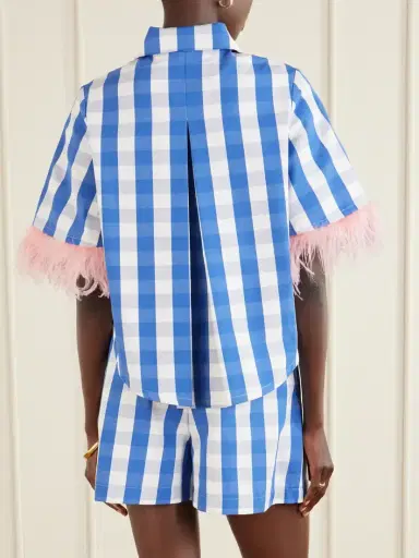 Marta Ferri Picnic Cropped Checked Feather-trimmed Cotton-blend Blouse | Thumbnail 3