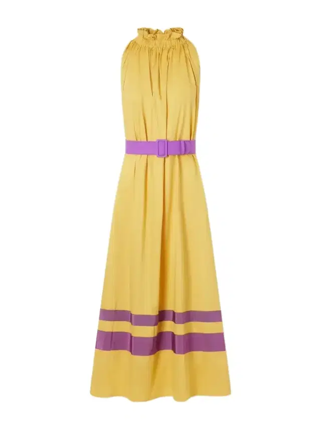 Camogli Belted Ruched Grosgrain-trimmed Cotton-poplin Halterneck Midi Dress