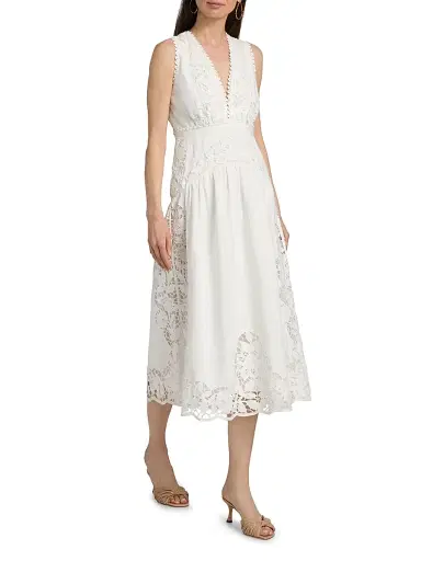 Farm Rio Women's Richilieu Embroidered V-Neck Midi-Dress - Off White | Thumbnail 2