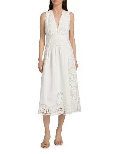 Farm Rio Women's Richilieu Embroidered V-Neck Midi-Dress - Off White | Thumbnail 3