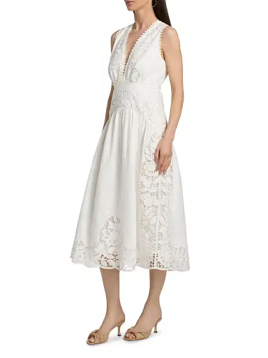 Farm Rio Women's Richilieu Embroidered V-Neck Midi-Dress - Off White | Thumbnail 4