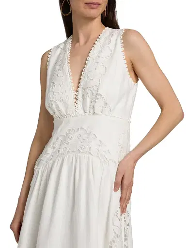 Farm Rio Women's Richilieu Embroidered V-Neck Midi-Dress - Off White | Thumbnail 6