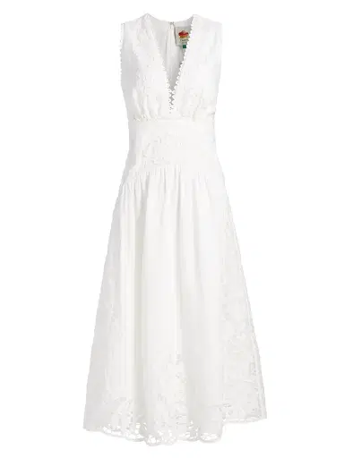 Farm Rio Women's Richilieu Embroidered V-Neck Midi-Dress - Off White | Thumbnail 1