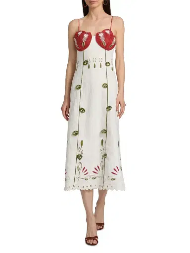 Farm Rio Women's Tulip Richilieur Embroidered Linen Midi-Dress - Off White | Thumbnail 2