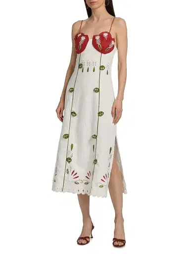Farm Rio Women's Tulip Richilieur Embroidered Linen Midi-Dress - Off White | Thumbnail 3