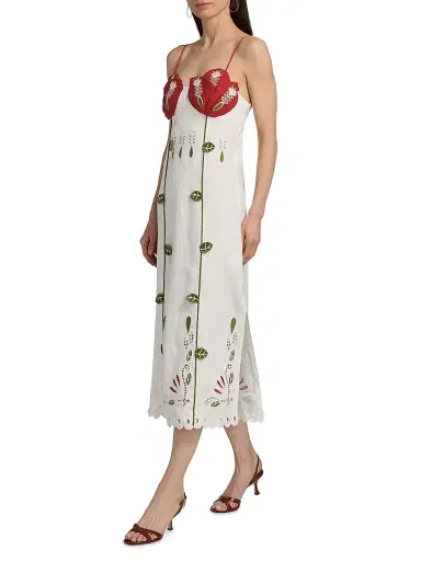 Farm Rio Women's Tulip Richilieur Embroidered Linen Midi-Dress - Off White | Thumbnail 4