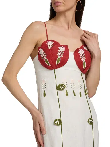 Farm Rio Women's Tulip Richilieur Embroidered Linen Midi-Dress - Off White | Thumbnail 6