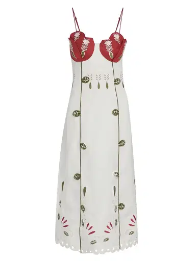 Farm Rio Women's Tulip Richilieur Embroidered Linen Midi-Dress - Off White | Thumbnail 1