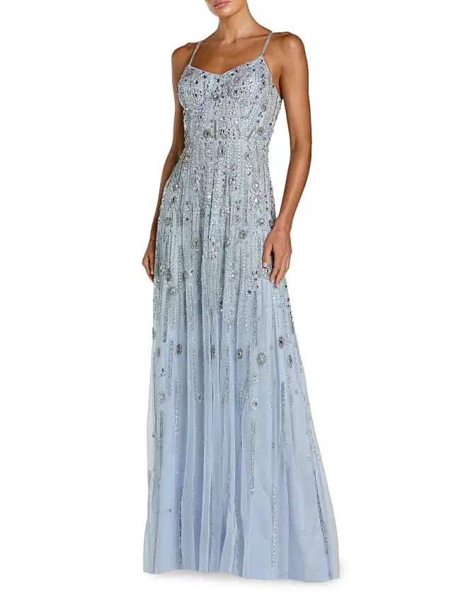 Women's Crystal-Embellished A-line Sleeveless Gown - Powder Blue