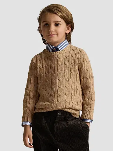 Polo Ralph Lauren Little Boy's & Boy's Cable-Knit Crewneck Sweater - Camel Heather | Thumbnail 3