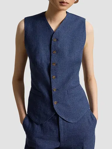 Polo Ralph Lauren Women's Buttoned Linen-Cotton Vest - Blue Melange - Size 8 | Thumbnail 4