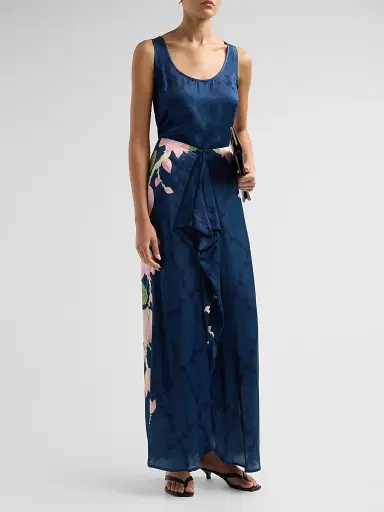 VERANDAH Women's Ammama Hand-Draped Lotus Skirt - Navy Lotus And Linear Panel - Size XL | Thumbnail 2