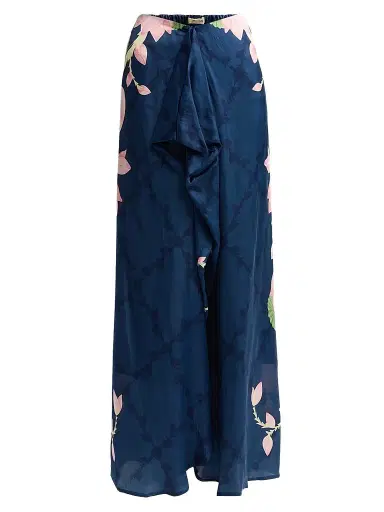 VERANDAH Women's Ammama Hand-Draped Lotus Skirt - Navy Lotus And Linear Panel - Size XL | Thumbnail 1