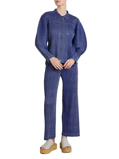 Pleats Please Issey Miyake Women's Denim-Look Plissé Jacket - Navy - Size Large | Thumbnail 2