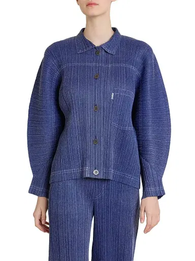Pleats Please Issey Miyake Women's Denim-Look Plissé Jacket - Navy - Size Large | Thumbnail 3
