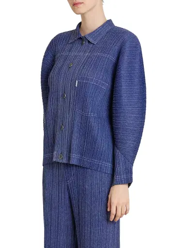 Pleats Please Issey Miyake Women's Denim-Look Plissé Jacket - Navy - Size Large | Thumbnail 4