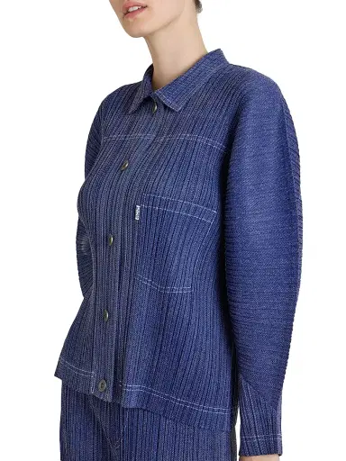 Pleats Please Issey Miyake Women's Denim-Look Plissé Jacket - Navy - Size Large | Thumbnail 6