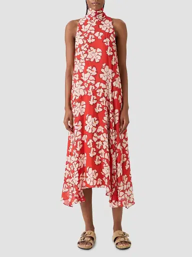 Akris punto Women's Floral Georgette Handkerchief Midi Dress - Red Cream - Size 16 | Thumbnail 4
