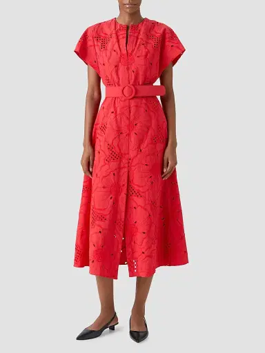 Akris punto Women's Eyelet Embroidered Cotton Midi Dress - Red - Size 14 | Thumbnail 4