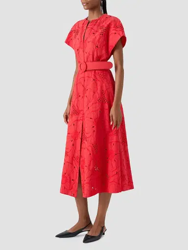 Akris punto Women's Eyelet Embroidered Cotton Midi Dress - Red - Size 14 | Thumbnail 6