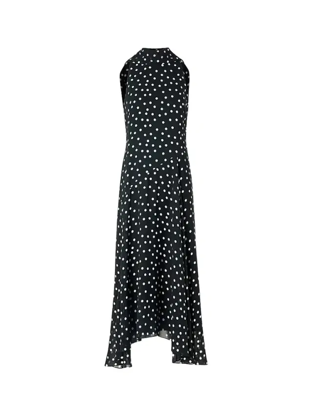 Women's Polka Dot Georgette Midi Dress - Black Cream