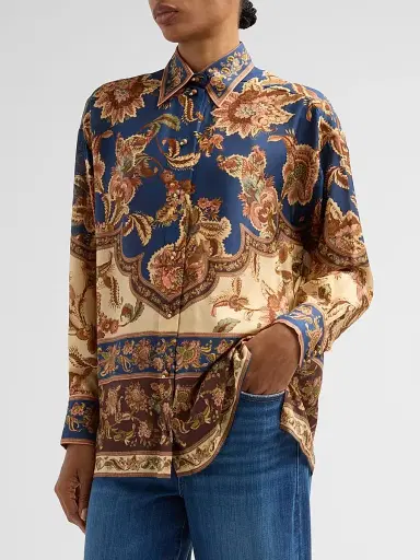 Zimmermann Women's Aster Floral Longline Silk Shirt - Navy Jacobean - Size 10 | Thumbnail 4