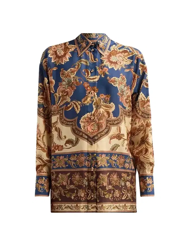 Women's Aster Floral Longline Silk Shirt - Navy Jacobean