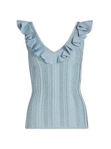 Zimmermann Women's Aster Metallic Rib-Knit Frill Top - Metallic Blue - Size 10 | Thumbnail 1 Zimmermann Women's Aster Metallic Rib-Knit Frill Top - Metallic Blue - Size 10 | Thumbnail 1