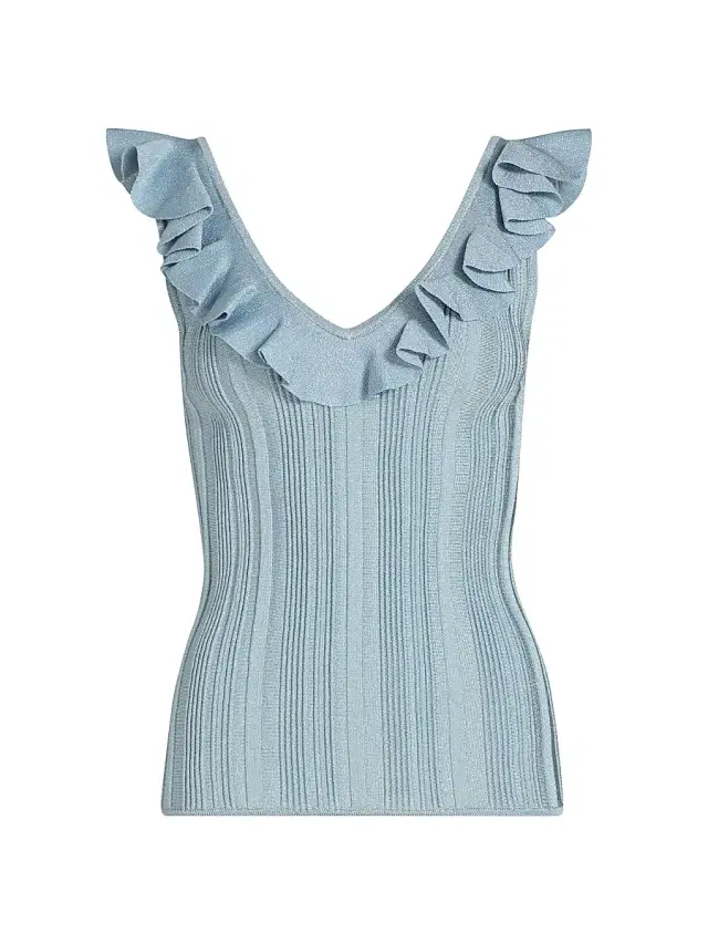 Zimmermann Women's Aster Metallic Rib-Knit Frill Top - Metallic Blue