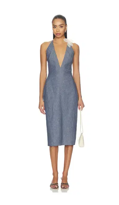 Milkwhite Midi V-neck Dress With Flower Detail | Thumbnail 2