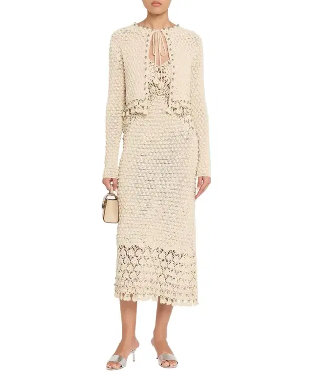 Rabanne Textured Knit Neck-Tie Crop Cardigan