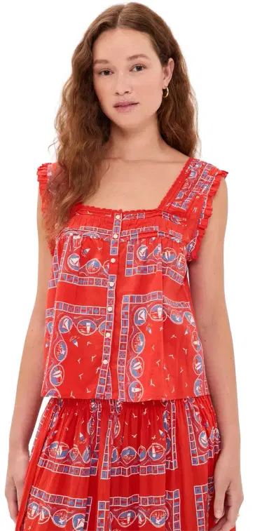 The Great. The Victorian Pleat Tank Top Red Sailboat Bandana | Thumbnail 1