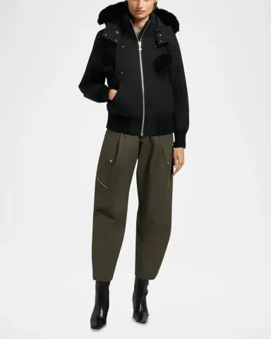 Moose Knuckles Debbie Bomber Jacket with Detachable Hood, Shearling Trim, & Pom Poms | Thumbnail 2