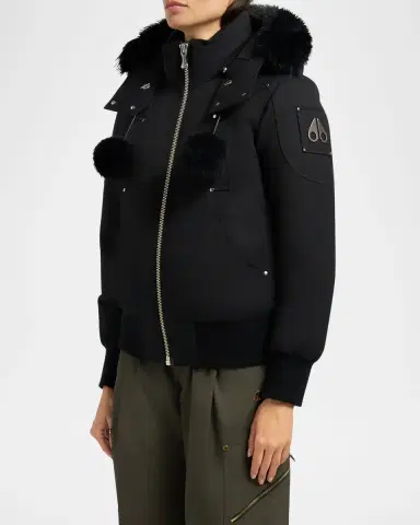 Moose Knuckles Debbie Bomber Jacket with Detachable Hood, Shearling Trim, & Pom Poms | Thumbnail 4