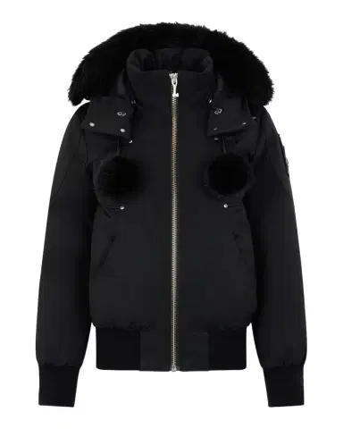 Moose Knuckles Debbie Bomber Jacket with Detachable Hood, Shearling Trim, & Pom Poms | Thumbnail 1
