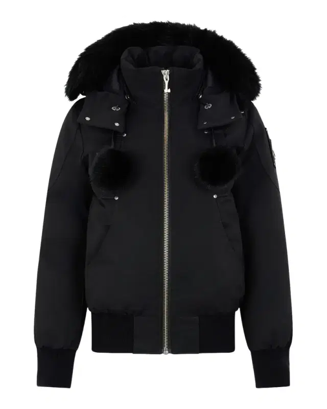 Debbie Bomber Jacket with Detachable Hood, Shearling Trim, & Pom Poms