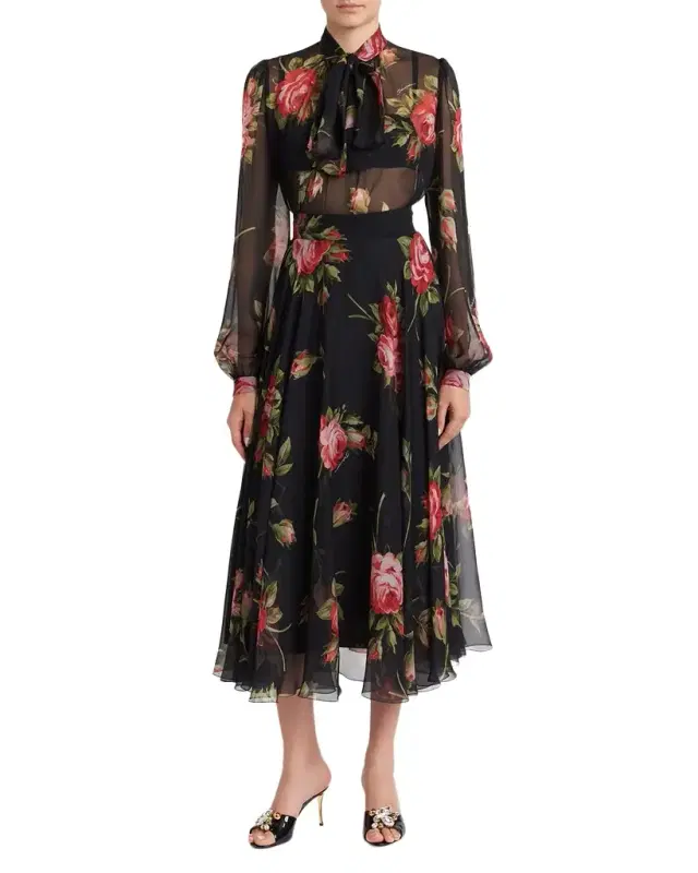 Rose Bouquet-Print Silk Chiffon Neck-Tie Blouse