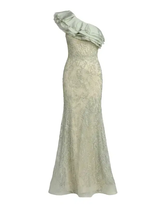 Mac Duggal Embroidered-Lace Ruffled Mermaid Gown