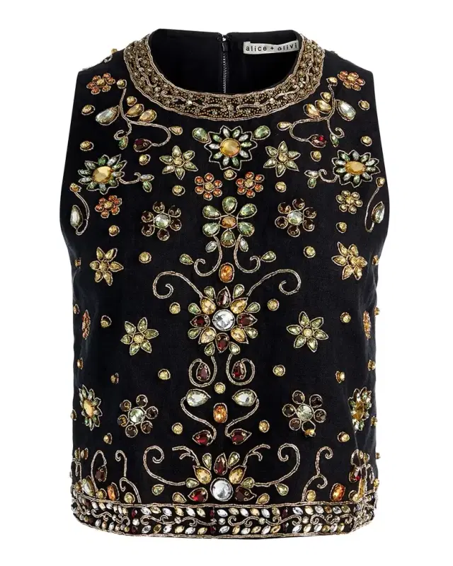 ALICE + OLIVIA Amal Embellished Linen Top