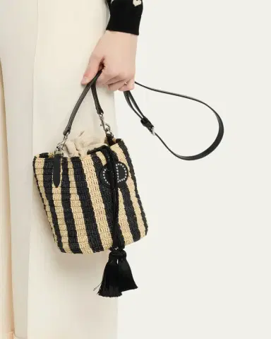 Valentino Garavani Small Striped Viscose Raffia Bucket Bag | Thumbnail 2 Valentino Garavani Small Striped Viscose Raffia Bucket Bag | Thumbnail 2
