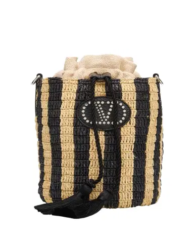 Valentino Garavani Small Striped Viscose Raffia Bucket Bag | Thumbnail 1 Valentino Garavani Small Striped Viscose Raffia Bucket Bag | Thumbnail 1
